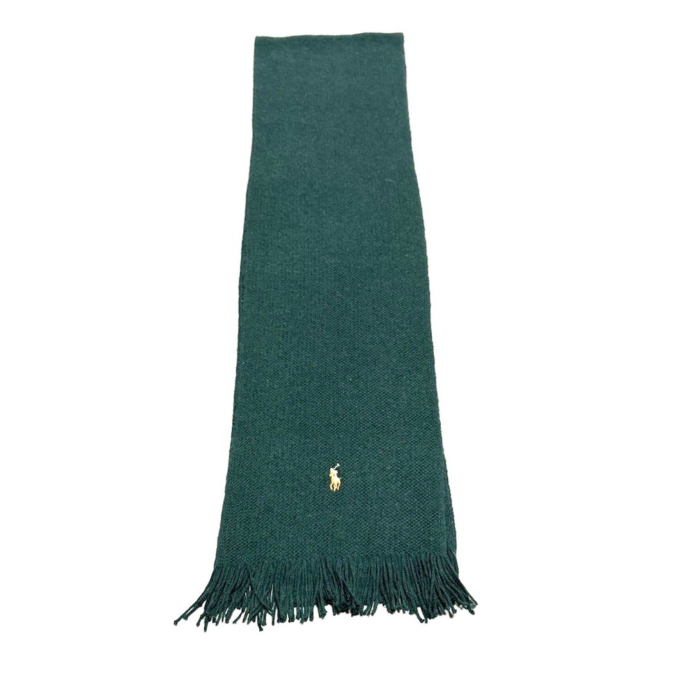 Vintage Polo Ralph Lauren Green Knit Scarf Orange Pony Logo Fringe Winter